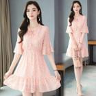 Elbow-sleeve Floral Print Tie-neck Mini A-line Dress
