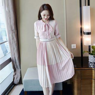 Bow Accent Color Block Short-sleeve A-line Dress
