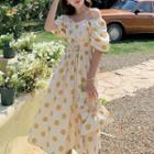 Set: Off-shoulder Dotted Midi A-line Dress + Handbag
