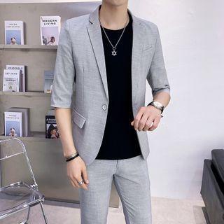 Set: 3/4-sleeve Single-button Blazer +straight Leg Dress Pants