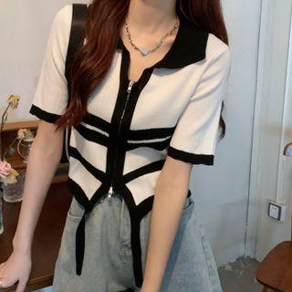 Elbow-sleeve Collared Zip-up Cardigan