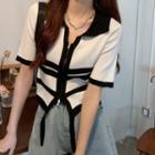 Elbow-sleeve Collared Zip-up Cardigan