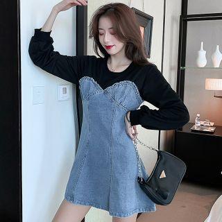 Long-sleeve Ruffled Trim Panel Denim Dress