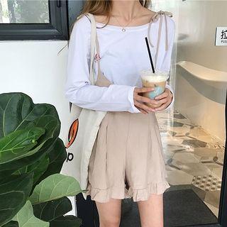 Plain Long-sleeve T-shirt/camisole Ruffled-trim Jumpsuit Pants