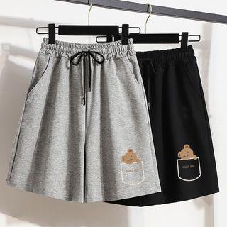 Bear Print Drawstring-waist Shorts