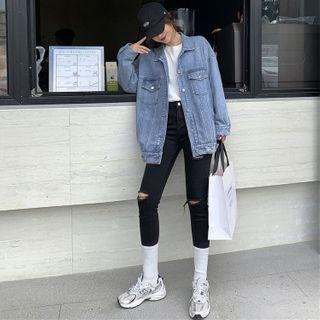 Distressed Denim Button Jacket Blue - One Size