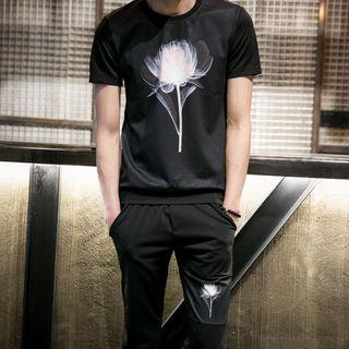 Set: Floral Print Short-sleeve T-shirt + Sweatpants