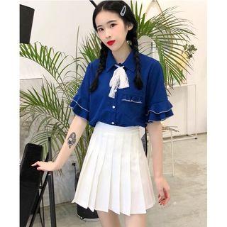 Bow Accent Short-sleeve Blouse / High Waist Pleated Skirt