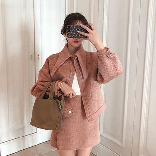 Tie-neck Plaid Buttoned Jacket / Mini A-line Skirt / Midi Skirt