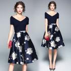 Short Sleeve Floral Print A-line V-neck Panel Sheath Dress