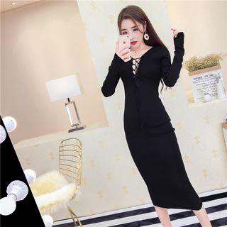 Lace-up Long-sleeve Midi Knit Dress