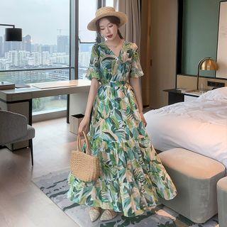 Bell Sleeve V-neck Leaf Print Maxi Chiffon Dress