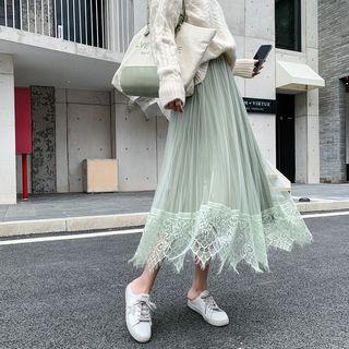 Lace Hem High-waist Midi A-line Skirt