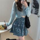 Long-sleeve Plain Top + Floral Print Mini Skirt