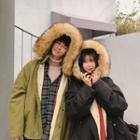 Couple Matching Furry-trim Buttoned Hooded Padded Jacket