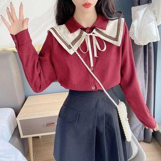 Long-sleeve Layered Collar Tie-neck Shirt