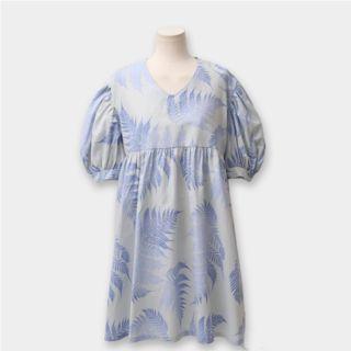 Leaf Print Puff Short-sleeve A-line Dress