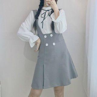 Lace Trim Blouse / Button Detail A-line Pinafore Dress