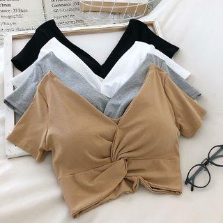 Plain Knotted Short-sleeve Crop Top