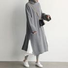 Turtleneck Long-sleeve Midi Slit Knit Dress