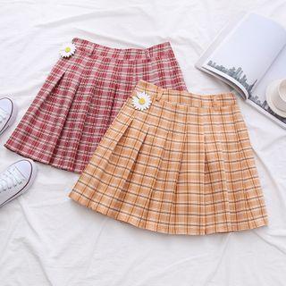 Flower Plaid Pleated Mini Skirt