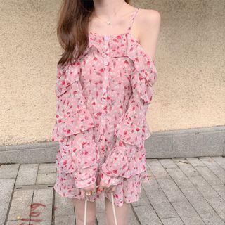 Cold-shoulder Floral Print Chiffon Dress Floral - Pink - S