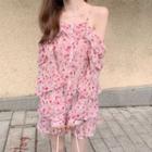 Cold-shoulder Floral Print Chiffon Dress Floral - Pink - S
