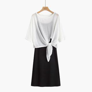 Set: 3/4-sleeve T-shirt + Spaghetti Strap Midi A-line Dress White - One Size