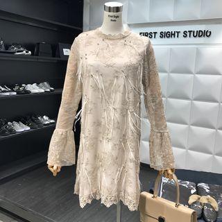 Rhinestone Lace Panel Long-sleeve Dress