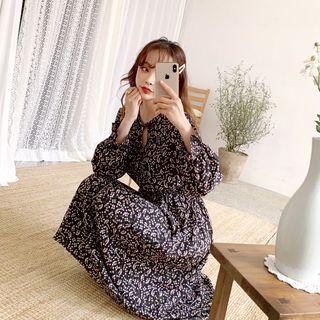 Tie-neck Long Floral Dress Black - One Size