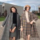 Set: Double-breasted Plaid Coat + Mini A-line Skirt
