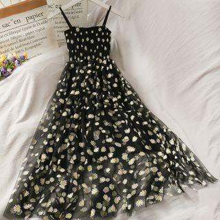 Daisy-print Smocked Mesh Midi Dress