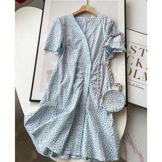 Set: Short-sleeve Polka Dot A-line Button-up Dress + Round Crossbody Bag