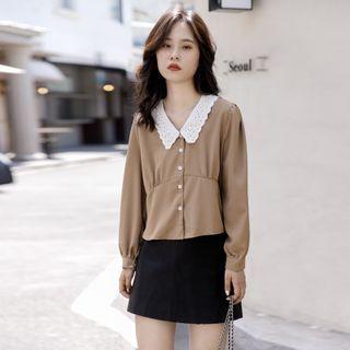 Collared Button-up Blouse Khaki - One Size