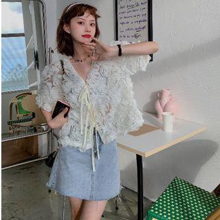 V-neck Tie-strap Mesh Blouse White - One Size