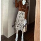 Turtleneck Knit Top / V-neck Cropped Jacket / Floral Midi A-line Skirt / Set