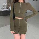 Set: Long-sleeve Half-zip Crop Top + Zip-up Mini Skirt