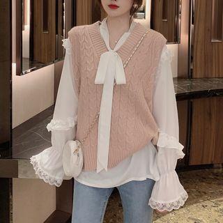 Bell-sleeve Chiffon Blouse / Knit Vest