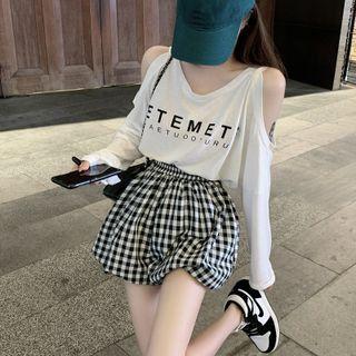 Long-sleeve Cold Shoulder Lettering T-shirt / Shorts