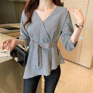 3/4 Sleeve V-neck Tie-waist Blouse