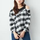 Mock Two Piece Plaid Panel Letter Embroidered Top Black - One Size