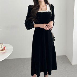 Long-sleeve Square-neck Lace Trim Midi A-line Dress Black - One Size