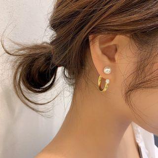 Rhinestone Faux Pearl Swing Earring 1 Pair - Silver Steel - Faux Pearl - Gold - One Size