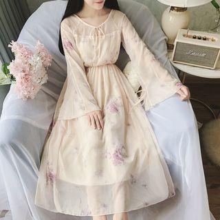 Long-sleeve Floral Print Midi Chiffon Dress Beige Almond - One Size