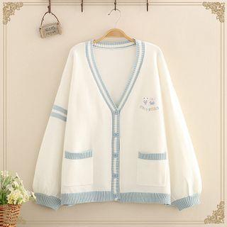 Contrast-trim Embroidered Knit Cardigan As Shown In Figure - One Size