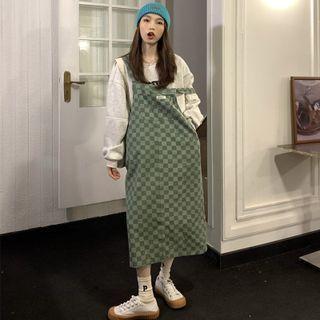 Lettering Sweatshirt / Check Midi Overall Dress / Set