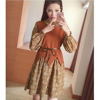 Set: Floral Print Long-sleeve Dress + Vest