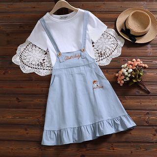 Set: Short-sleeve T-shirt + Embroidered Ruffle Hem Mini A-line Jumper Skirt
