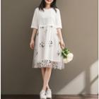 Embroidered Mesh Panel Elbow-sleeve A-line Dress