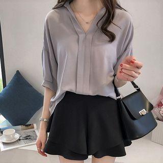 Elbow-sleeve Open-collar Sheer Blouse
